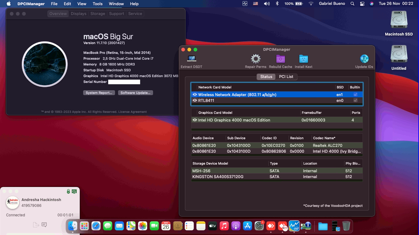 Success Hackintosh macOS Big Sur 11.7.10 Build 20G1427 in Asus S46CB-WX230H